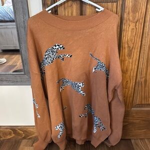 She + Sky Brown Crew Neck Sweater with Animal Print